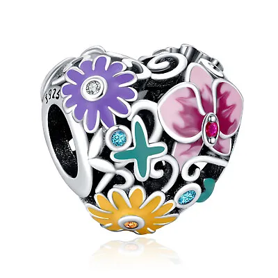 Authentic S925 Color Flowers Openwork Heart Charm Women Bracelet Bead Charms • $17.98