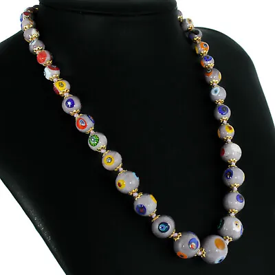 Murano Glass Necklace Lilac Multi Colour Gold Beads Millefiori Venice 46cm • £35.95