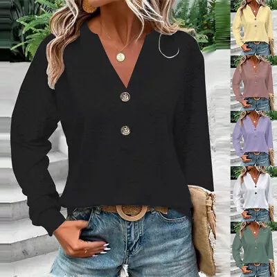 Ladies V Neck Top Shirt Pullover Women Loose Long Sleeve Work Casual Tops Blouse • £7.59