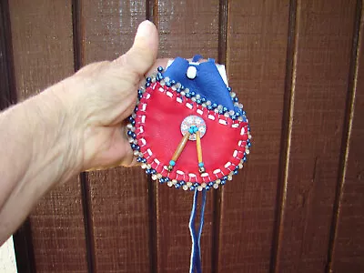 Beaded Deerskin Leather Medicine Bag Red White Blue Necklace Pouch Handcrafted • $25.19