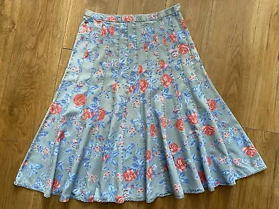 Fab Retro Style Marks And Spencer Cotton Mix Denim  Floral MIDI Skirt Uk10 • £5