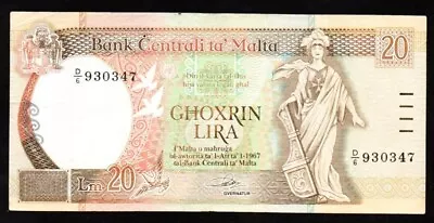 MALTA - 1989 GHOXRIN LIRA (LM20) BANKNOTE P-44a Signed ANTHONY GALDES USED • $49.77