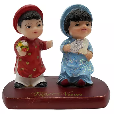 Vietnamese Boy & Girl Child Figurine Souvenir Wood Base Hand Painted 3.25  X 3  • $45.49