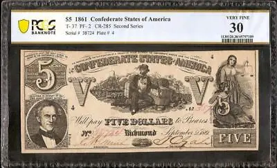 1861 $5 Bill Confederate States Currency Civil War Note Paper Money T-37 Pcgs 30 • $199