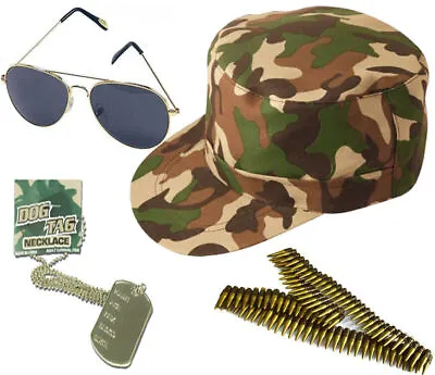 Men Army Set Camouflage Cap Aviator Glasses Dog Tag Bullet Belt Unisex Halloween • £7.99