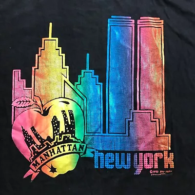VINTAGE Twin Towers Manhattan NYC Shirt Mens XL Black Single Stitch 1990 USA • $40