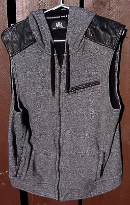 Rock & Republic Hoodie Vest Charcoal Gray Full Zip Faux Leather Patches Mens M • $16