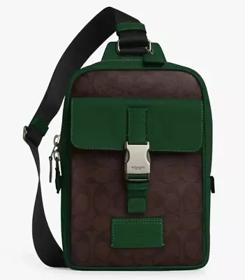 NWT Coach Men’s TRACK PACK CL432 Colorblock Sig Canvas Leather In MAHOGANY/GREEN • $189