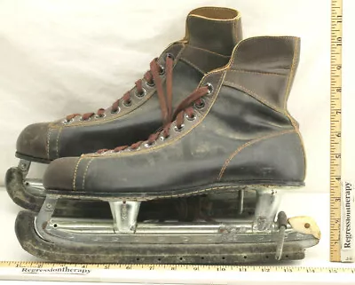 Vintage Pair Hockey Ice Skates SLM Blades Mens Size 10 1/2 Brown Leather NHL  • $39.14