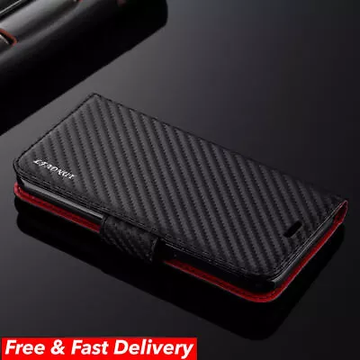 For IPhone 15 14 Pro Max 13 12 11 8 Carbon Fiber Flip Leather Wallet Case Cover • £3.45