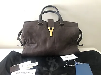 $490 • Buy AUTHENTIC YSL Cabas Chyc Leather Handbag Shoulder Bag Womens Brown Leather Saint