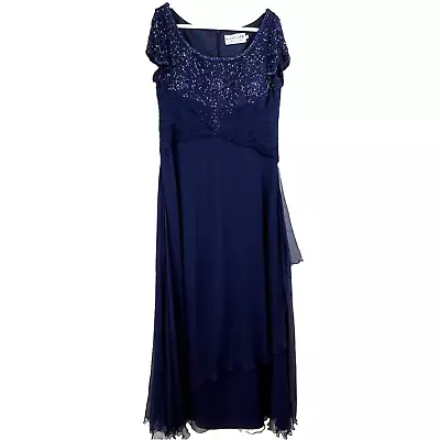 MONTAGE MON CHERI Size 14 100% Silk Beaded Short Sleeve Maxi Dress Blue 110929 • $174.63