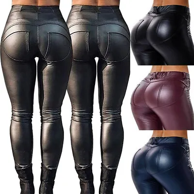 £14.99 • Buy Women Push Up Leather Optic Leggings High Waist Jeans Look Pants Black Trousers