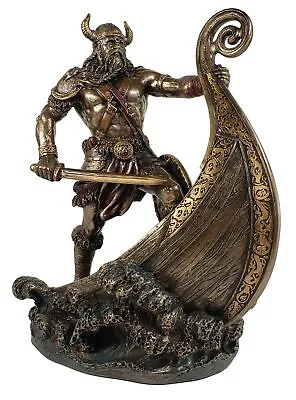 9 1/2 Inch Norse Viking Warrior Standing On Long Ship Prow Bronze Color Statue • $90