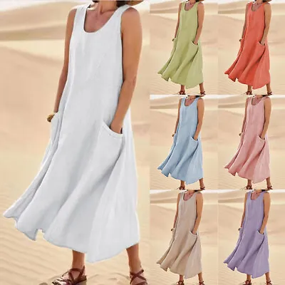 Womens Cotton Linen Sleeveless Dress Ladies Summer Kaftan Maxi Sundress Size 18 • £13.09