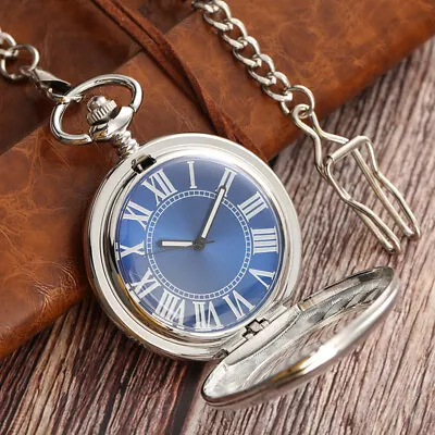 Vintage Blue Dial Silver Self Wind Automatic Mechanical Pocket Watch Chain Gifts • £21.58