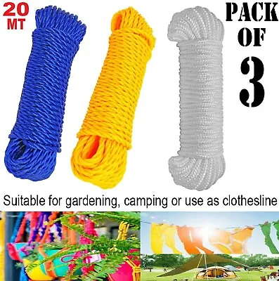 £6.99 • Buy 3Pcs 20MT Strong Nylon Rope Washing Clothes Line Bright Colored Garden Camping