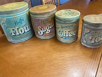 Vintage 1979 Tin Canister Set Country Kitchen Flour Coffee Sugar Tea • $25.95