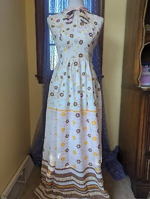 Vintage 60's 70's Flower Power Tie Neck Maxi Dress Size XS/S • $69.99