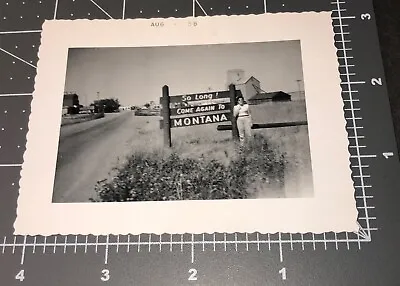 1950s Women SO LONG MONTANA! State Line Road Sign MT Vintage Snapshot PHOTO • $18.95