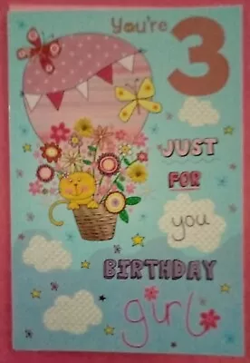 3rd Happy Birthday Greeting Card Girl's 3 Years Old Third For Her Three Cute • £2.25