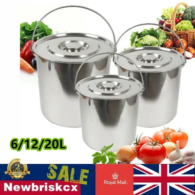 Stainless Steel Food Bucket Insulated Ice Bucket With Lid + Pail Handle 6/12/20L • £24