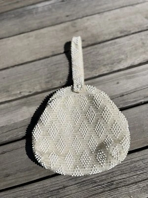 $0.99 • Buy Corde Bead Cream Beaded Purse Bag Handbag 1960 Vintage Diamond Wristlet