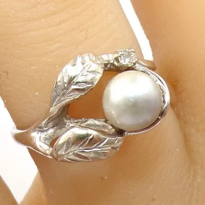 Na Hoku 6mm Gray Pearl & Diamond Leaf Hawaii 14K White Gold Ring Size 6.75 LLG2 • $399.99