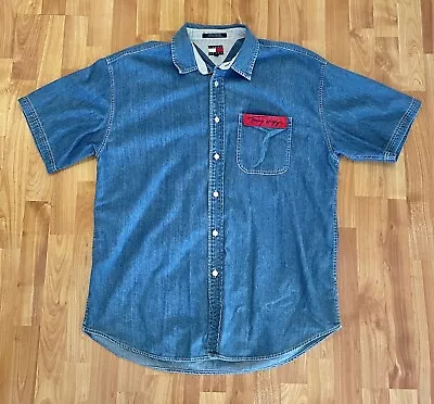 Vintage Tommy Hilfiger Tommy Flag Blue Denim Shirt Mens XL Button Up Y2K • $29.99