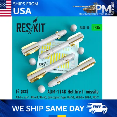 Reskit RS35-0029 AGM-114K Hellfire II Missiles (4 Pcs) Scale Model Kit 1/35 • $20.95