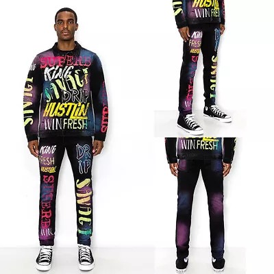 Victorious Men's Casual Air Brushed Graffiti Denim Jeans DL1428 • $39.95