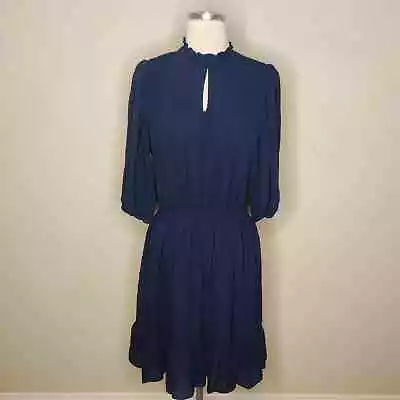 Nanette Lepore Dress Size 6 Keyhole Smocked Blue 3/4 Sleeves Ruffle Hem • $9