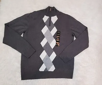 Alfani New Men's M Medium Half Zip 100% Cotton Argyle Knit Sweater Gray • $12.99