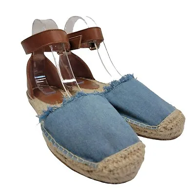 $11.99 • Buy Womens Blue Denim Fringe Ankle Strap Espadrille Flat Sandals Size 8