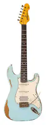 $699 • Buy Vintage V6H ICON HSS Electric Guitar Ultra-Gloss Distressed LAGuna Blue