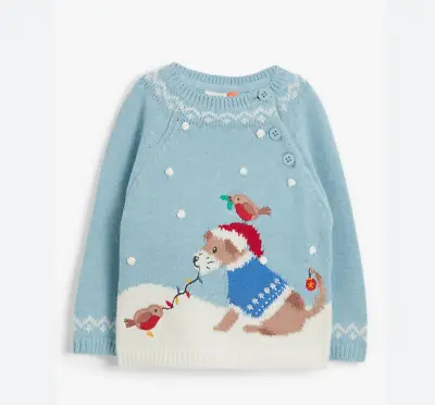 John Lewis Baby Dog Scene Christmas Jumper Blue 3-6 Months • £10