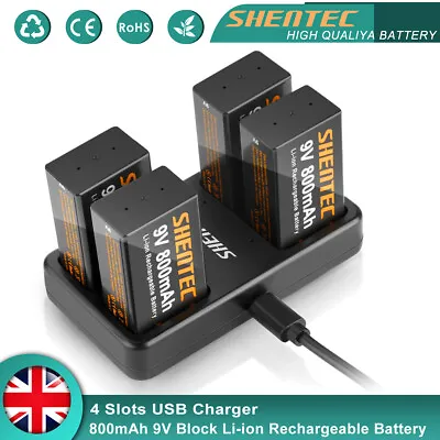 £29.95 • Buy 9V Block 6F22 Lthium Li-ion 9 Volt PP3 Rechargeable Battery / 4 Slot USB Charger