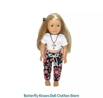 Floral Hip Hop Pants Crop TopCross Necklace 18  Doll Clothes Fit American Girl  • $23.89