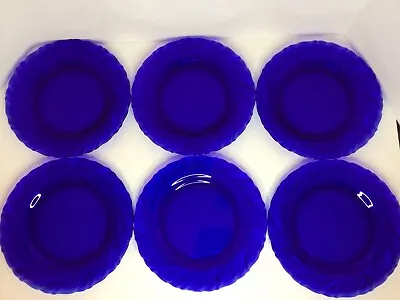 Duralex Vereco Cobalt Blue Swirl. 6 Dinner Plates 9”. Made In France • $60