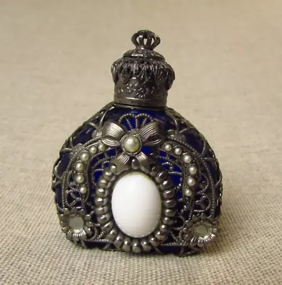 Vintage Cobalt Blue Glass Fliigree & Pearls Design Miniature Perfume Bottle • $48.53
