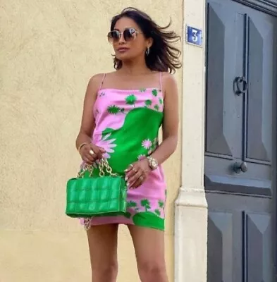 Zara Blogger's Fav Pink Green Satin Silk Mini Dress BNWT XS Sold Out! • $24.66