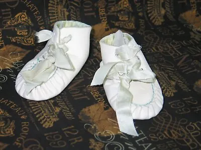 Darling Antique Vintage Baby Doll Shoes-White Leather-Lined W/Silk-Satin Ties • $64.95