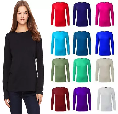 Womens Long Sleeve T-Shirt Stretch Plain Round Scoop Neck Top UK Size 8-26 • £8.99