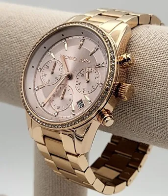 MICHAEL KORS MK6357 Women's Rose-Gold Chrono Ritz Stainless Steel Bracelet Watch • $109