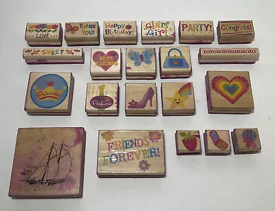 Lot Of 21 Wood Mounted Rubber Stamps Ship Star Heart Sayings Butterfly Princess • $17.99