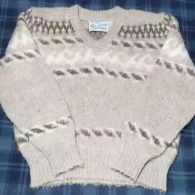 Eider Knit Small Sweater Wool Icelandic Fuzzy Brown Beige Fair Isle Nordic • $44.57