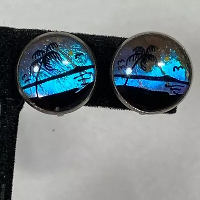 VTG Butterfly Wing Sterling Earrings Palm Tree Tropical Blue Iridescent Screw • $18.95