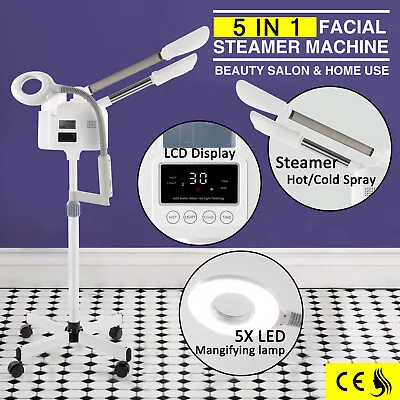 Hot/Cold UV Ozone Facial Steamer 5x LED Magnifying Lamp LCD Beauty Spa Skin Care • $85.99