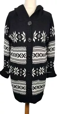 New Chunky Knit Fair Isle Long Hooded Cardigan Size 12 • £14.99