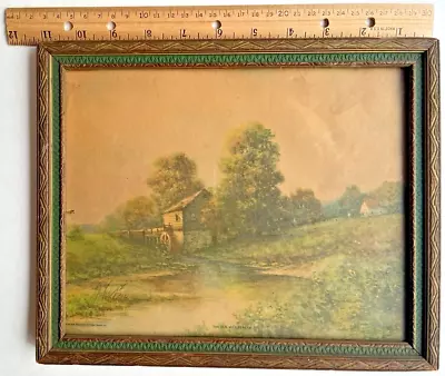 Gorgeous Antique Ornate Wooden Frame 9 X11  W/Old Mill Litho Green Brown A01567 • £37.06